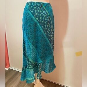 Y2K 00s Teal Green Paisley Asymmetrical Ruffle Skirt